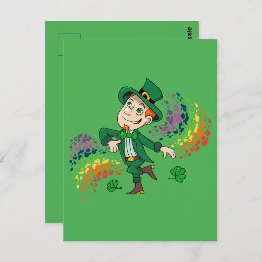 かわいい幸せな笑顔の踊りレプレシャン、虹 ポストカード (正面/裏面)