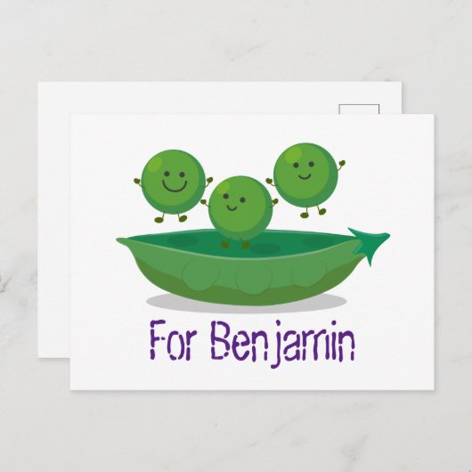 かわいい幸せな緑のエンドウ豆とポッドの漫画イラスト ポストカード (正面/裏面)