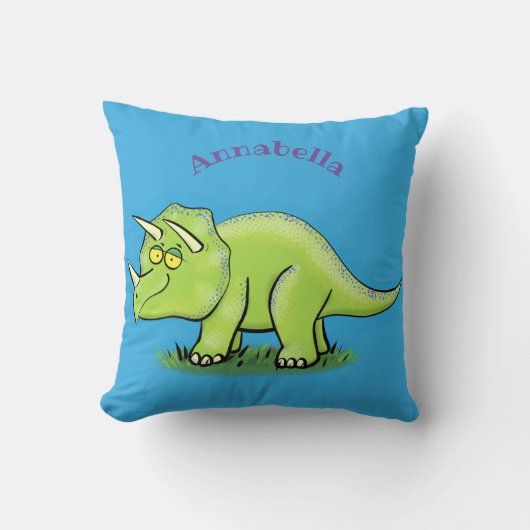 かわいい幸せな緑のトリケラトプス恐竜の漫画 クッション (正面)
