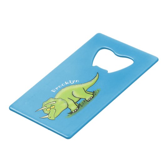 かわいい幸せな緑のトリケラトプス恐竜の漫画 クレジットカード栓抜き (裏面アングル)