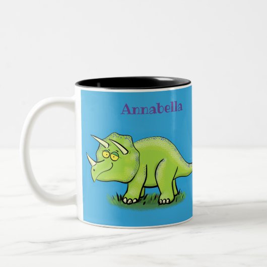 かわいい幸せな緑のトリケラトプス恐竜の漫画 ツートーンマグカップ (左)