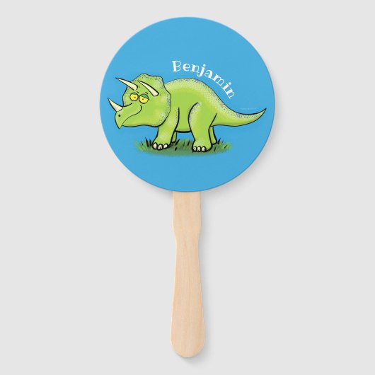 かわいい幸せな緑のトリケラトプス恐竜の漫画 ハンドファン (正面)