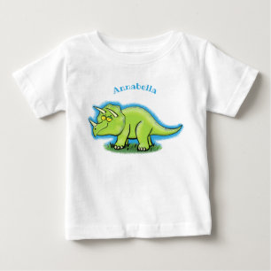 かわいい幸せな緑のトリケラトプス恐竜の漫画 ベビーTシャツ