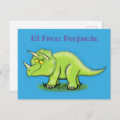 かわいい幸せな緑のトリケラトプス恐竜の漫画 ポストカード (正面/裏面)