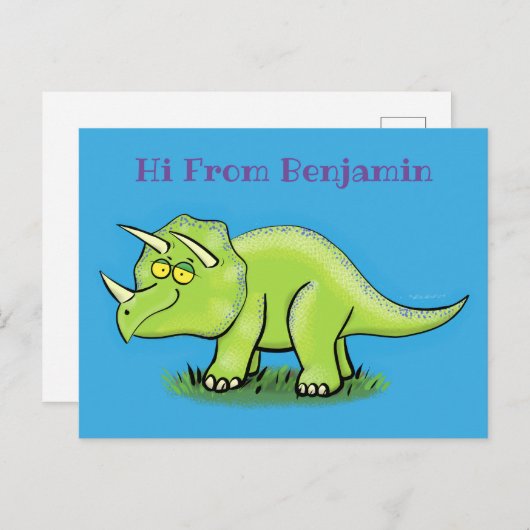 かわいい幸せな緑のトリケラトプス恐竜の漫画 ポストカード (正面/裏面)