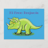 かわいい幸せな緑のトリケラトプス恐竜の漫画 ポストカード (正面)