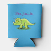 かわいい幸せな緑のトリケラトプス恐竜の漫画 缶クーラー (正面)