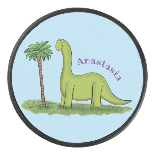 かわいい幸せな緑のブロントサウルス恐竜の漫画 アイスホッケーパック (正面)