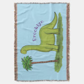 かわいい幸せな緑のブロントサウルス恐竜の漫画 スローブランケット (正面縦)