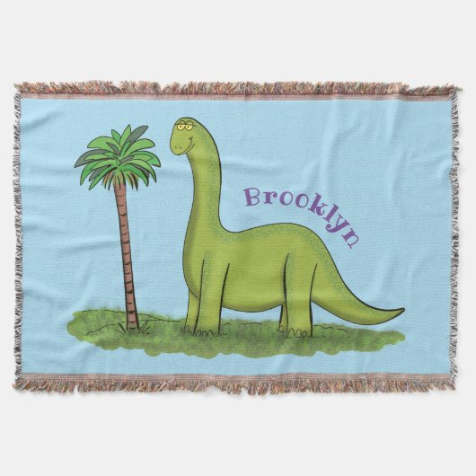 かわいい幸せな緑のブロントサウルス恐竜の漫画 スローブランケット (正面)