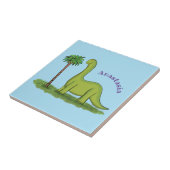 かわいい幸せな緑のブロントサウルス恐竜の漫画 タイル (側面)