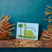 かわいい幸せな緑のブロントサウルス恐竜の漫画 フォトプラーク (側面)