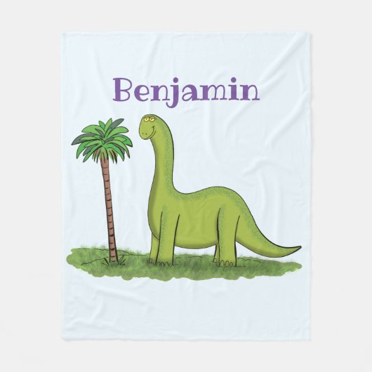 かわいい幸せな緑のブロントサウルス恐竜の漫画 フリースブランケット (正面)