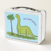 かわいい幸せな緑のブロントサウルス恐竜の漫画 メタルランチボックス (裏面)