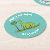 かわいい幸せな緑のブロントサウルス恐竜の漫画 ラウンドペーパーコースター (アングル)