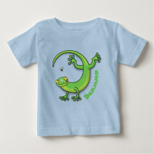 かわいい幸せな緑のヤモリのグリーティングと虫のキャラクター ベビーTシャツ
