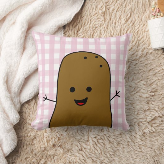 かわいい幸せな茶色のポテトピンクギンガム クッション (ブランケット)