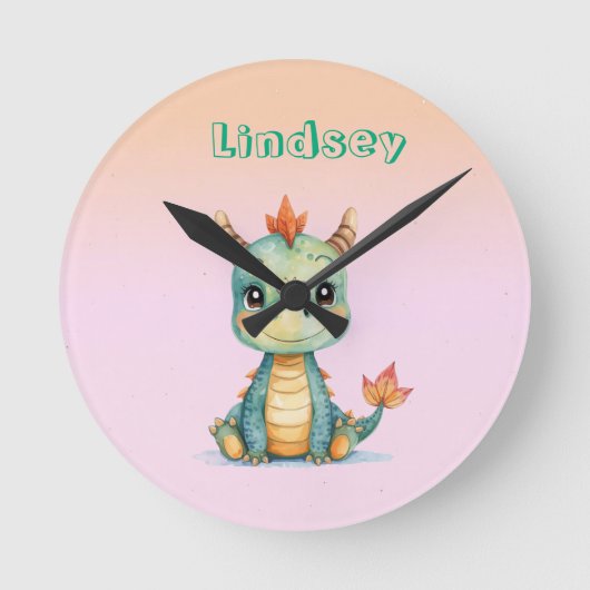かわいい幸せな赤ちゃんドラゴン ラウンド壁時計 (正面)