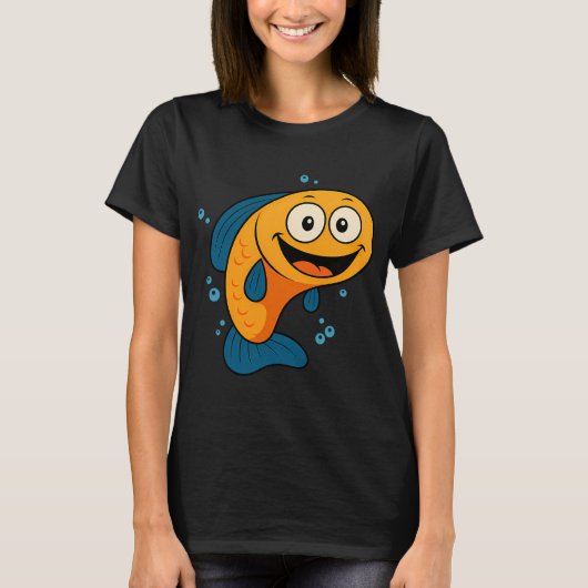 かわいい幸せな金魚 - カートゥーン動物海洋デザイン Tシャツ (正面)