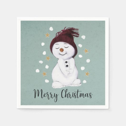 かわいい幸せな雪だるまの冬青いクリスマス スタンダードカクテルナプキン (正面)