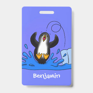 かわいい幸せな飛び跳ねるペンギンのイラスト バッジ