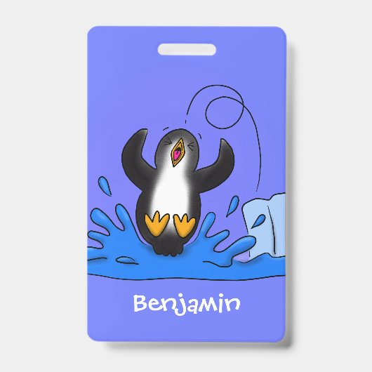 かわいい幸せな飛び跳ねるペンギンのイラスト バッジ (正面)