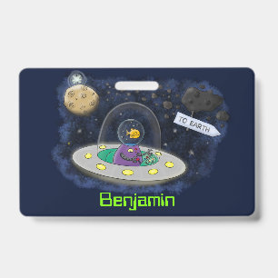 かわいい幸せな魚のUFO宇宙カートゥーンイラスト バッジ