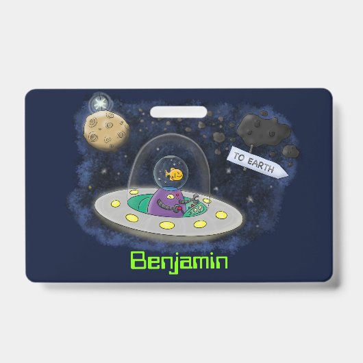 かわいい幸せな魚のUFO宇宙カートゥーンイラスト バッジ (正面)