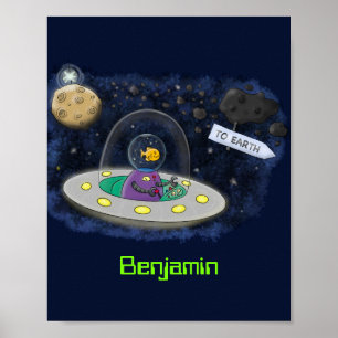 かわいい幸せな魚のUFO宇宙カートゥーンイラスト ポスター