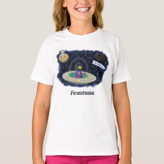 かわいい幸せな魚のUFO宇宙カートゥーンイラスト Tシャツ (正面)
