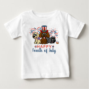 かわいい幸せな7月4日の犬が愛国を花火 ベビーTシャツ