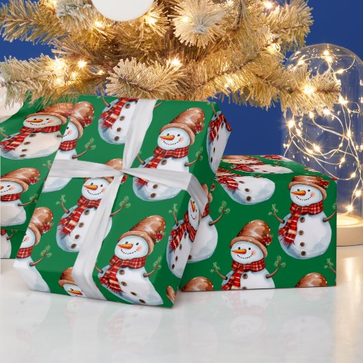 かわいい幸せ雪だるまの水の色パターン ラッピングペーパー (クリスマス)