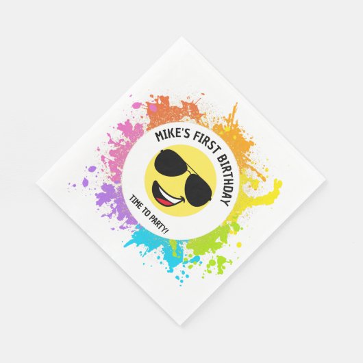 かわいい幸せ顔、アビエーターグラス、おもしろい第1回誕生日 スタンダードランチョンナプキン (角)