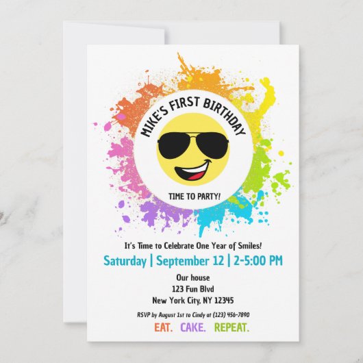 かわいい幸せ顔、アビエーターグラス、おもしろい第1回誕生日 招待状 (正面)