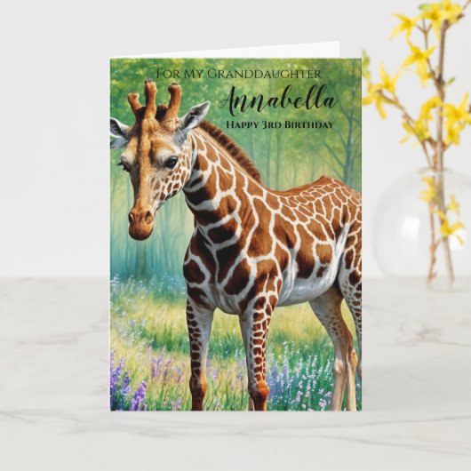 かわいい幸せ3歳の誕生日おばあちゃん可愛いキリン カード (黄色い花)