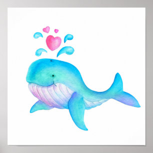 かわいい幻想的なクジラのハート噴出子供部屋アート ポスター