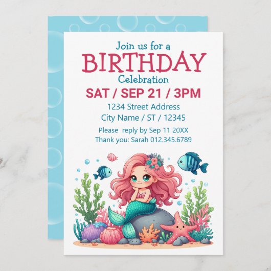 かわいい幻想的な人魚と魚の友達のシーンフィッシュ 招待状 (正面/裏面)