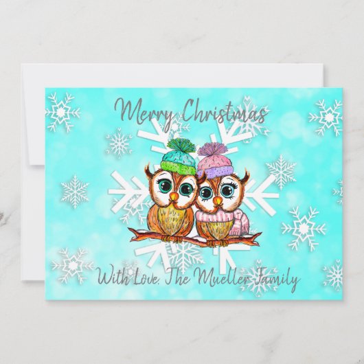 かわいい幻想的な水彩クリスマスフクロウ シーズンカード (正面)