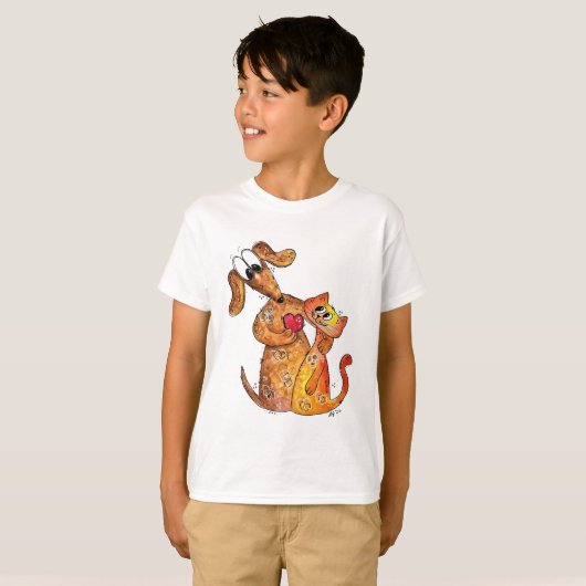 かわいい幻想的な犬と猫 Tシャツ (正面フル)