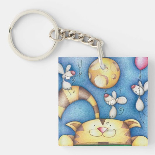 かわいい幻想的な猫とネズミの月のアート キーホルダー (正面)
