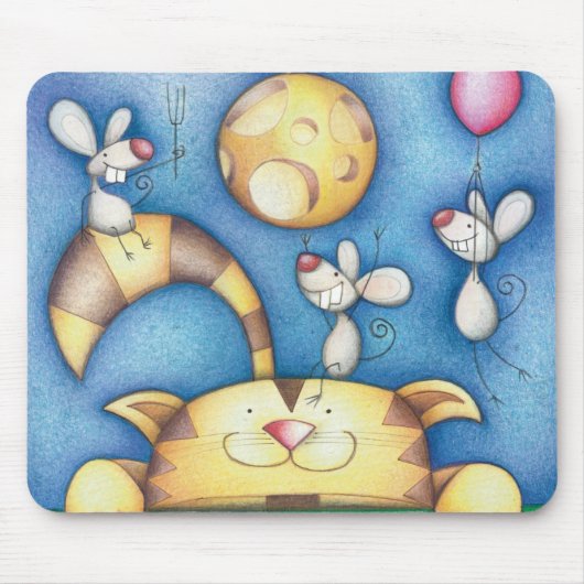 かわいい幻想的な猫とネズミの月のアート マウスパッド (正面)