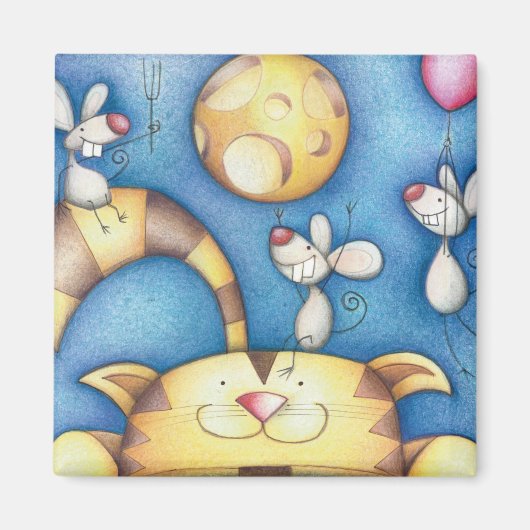 かわいい幻想的な猫とネズミの月のアート マグネット (正面)