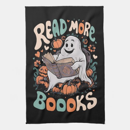 かわいい幽霊がもっと本を読む先生のハロウィン キッチンタオル (縦)