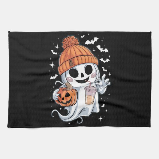 かわいい幽霊がコーヒーを飲むハロウィンアイスコーヒー キッチンタオル (横)