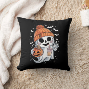 かわいい幽霊がコーヒーを飲むハロウィンアイスコーヒー クッション