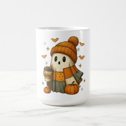 かわいい幽霊がコーヒーを飲むハロウィン コーヒーマグカップ (中央)