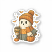 かわいい幽霊がコーヒーを飲むハロウィン シール (正面)