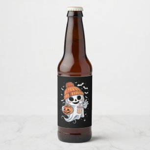かわいい幽霊がコーヒーを飲む ハロウィン アイスコーヒー ビールラベル