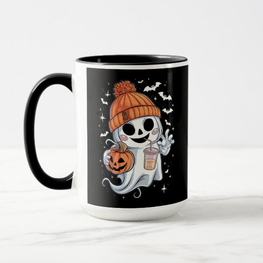 かわいい幽霊がコーヒーを飲む ハロウィン アイスコーヒー マグカップ (左)