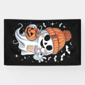 かわいい幽霊がコーヒーを飲む ハロウィン アイスコーヒー 横断幕 (横)